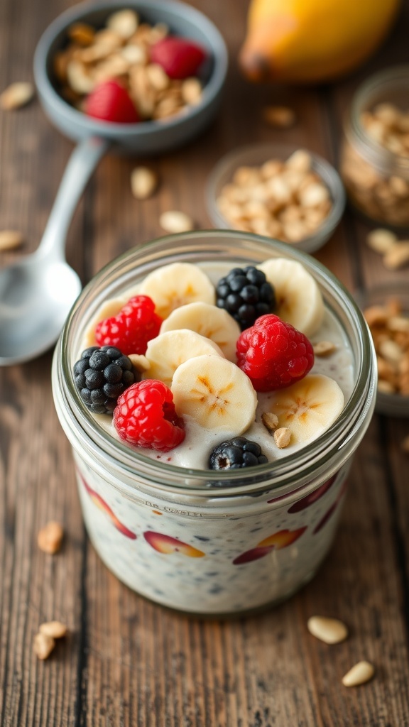 A bowl of overnight oats topped with berries and nuts in a glass jar on a wooden table.